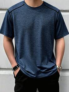 Men's Short Sleeve T-Shirt, Patchwork Stitching Decor Round Neck Top, Outdoor Casual Brand Sports Summer - Blue - View 1