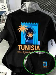 Camiseta estampada de estilo resort norteafricano con temática tunecina. Un diseño exótico que presenta la palabra TUNISIA en su centro, combinado con ilustraciones de arcos rojo-naranja y p - Negro - Ver 1