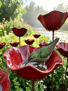 1pc Metal Flower & Bird Feeder, Metal Flower & Bird Bath And Pollinator Watering Station, Garden Decor, Outdoor, Patios, Lawns, Flower Pots, Patios.Bird Feeding, Wedding,Bird Bee Butterfly Bath Hummingbird Drinker, Courtyard Ornament - A - View 2