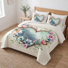 2/3PCS Floral Heart Bohemian Sunflower Quilt Set,Bedspread, Lightweight, Machine Washable, Easy Care, Multiple Sizes Available - White Heart - View 2