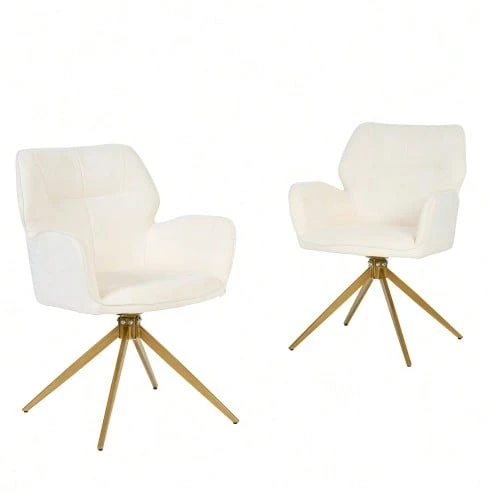 Swivel Dining Chair (Set Of 2) Armchair With Metal Legs, Leisure Chair, Velvet-Like Fabric - White - View 1