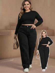 Jeans de pierna ancha para mujer talla grande, diseño de bolsillo lavado largo, sin estiramiento, adecuado para uso diario en primavera - Negro - Ver 1