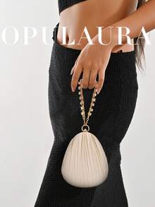 OpulAura 1pc Apricot Satin Fabric Women's Pleated Handbag, Exquisite/Charming Sparkling Diamond Bracelet Decoration, Fashionable Asymmetric Box Shape Women's Clutch, Suitable For Party, Formal Dress, Ball, Graduation Ceremony, Bridal Attire, Party Handbag, Wedding Clutch. - Apricot - View 10