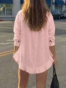 Blusa casual de primavera para mujer de unicolor con botones delanteros y volantes Primavera/Verano - Rosa Pálido - Ver 5