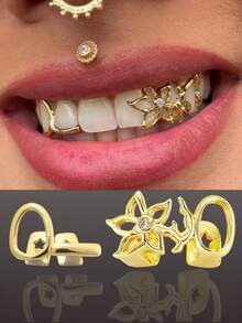 1/2pcs Floral Hollow Design Double Gold Tooth Halloween Cool Tooth Decor Personalized Hip-Hop Side Tooth Accessory Suitable For Daily, Party, Music Festival Wear And Gift - Multicolor - View 1