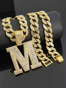 Rhinestone Large Letter M Pendant Cuban Chain, Men's Hip Hop Shiny Diamond Necklace Jewelry - M Pendant Necklace - View 9