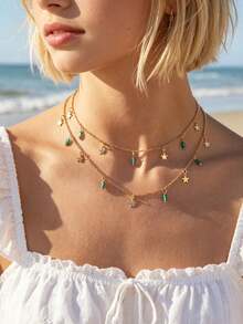 NAIZHU 1pc Daily Fashion Versatile Double Layered Star Tassel Necklace - Mint Green - View 2