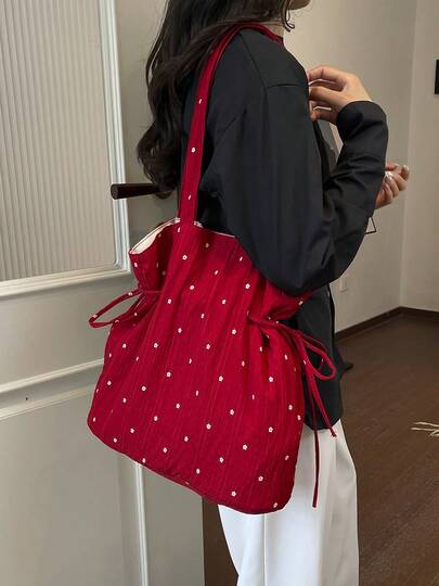 1pc Red New Drawstring Women's Bag Large Capacity New Drawstring Tote Bag Women's Large Capacity Shoulder Bag Casual Versatile Fashion Handbag Simple Bag Floral Color Block Bag
