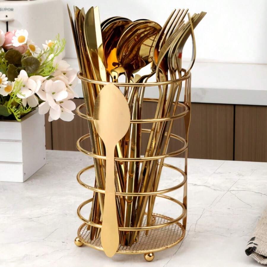 Lightweight & Space-Saving Metal Cutlery Organizer, Fork Motif Design, Easy Clean & Quick Dry Utensil Holder For Countertop, Sink Side & Dining Table Storage - View 1