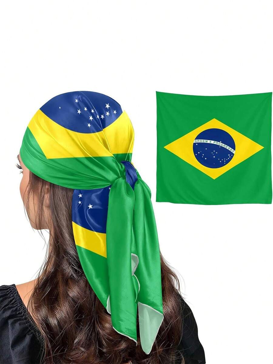 1pc Brazil Flag Pattern 35 Inch Casual Fashion Square Scarf Headscarf Brazil Theme Fashion Accessory - Multicolor - View 1