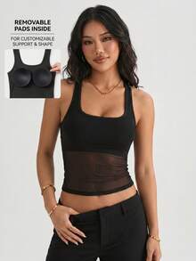 1pc Spring/Summer Women's Tank Top, 2-In-1 Built-In Cup Racerback Mesh Camisole, Casual Sport Yoga Tank Top For Outerwear And Layering - Black - View 1