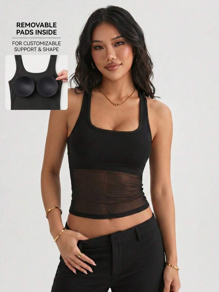1pc Spring/Summer Women's Tank Top, 2-In-1 Built-In Cup Racerback Mesh Camisole, Casual Sport Yoga Tank Top For Outerwear And Layering - Black - View 1