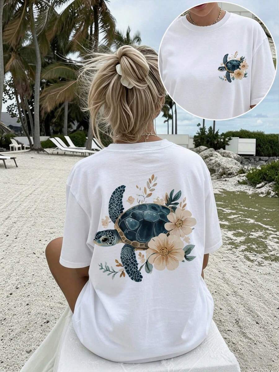 2026 New Arrival Plus Size Women Summer Loose Casual Top, Watercolor Style, Sea Turtle & Floral Print, Round Neck, Short Sleeve White - White - View 1