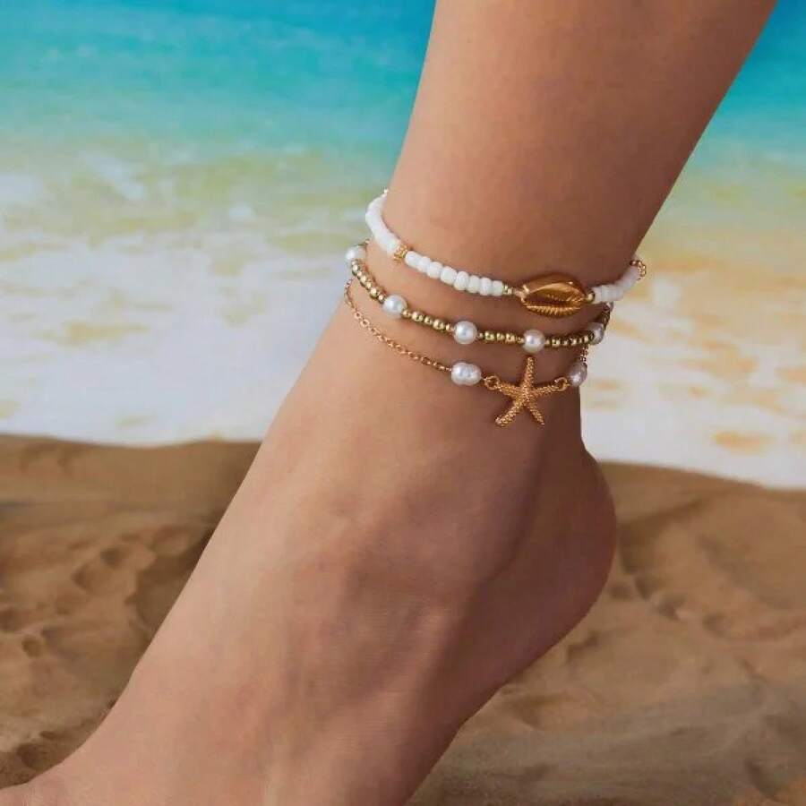 Women's Starfish Shell Anklets, Bohemian Ankle Bracelet, Rice Bead Leg Bracelet, Handmade Foot Chain, Bohemian Jewelry, Sandals, Gift - AK25Y0090 - View 1