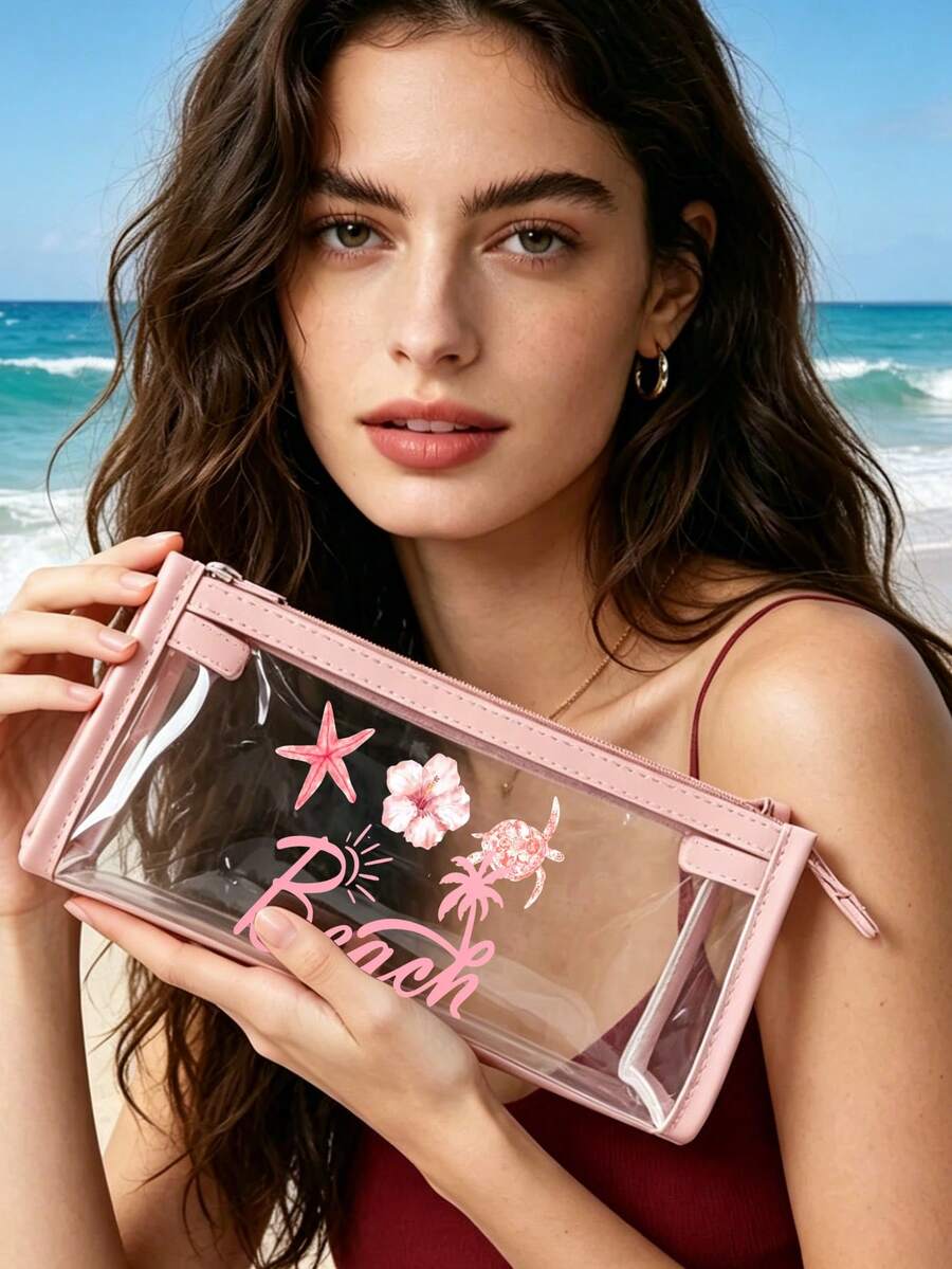 Bolsa de playa de PVC impermeable de moda, con estampado de letras coloridas, bolsa de maquillaje de PVC, bolsa de almacenamiento de viaje con cremallera - Bolsa de maquillaje y artículos de tocador ligera y resistente a la decoloración, adecuada para hombres y mujeres, perfecta para nadar, bucear y vacaciones de verano - Ligera, adecuada para hombres y mujeres jóvenes, accesorios de bolsa de playa, artículos esenciales de viaje, accesorios de viaje, artículos esenciales de vacaciones, artículos esenciales de verano, temporada de bodas, regalo para damas de honor - Multicolor - Ver 1