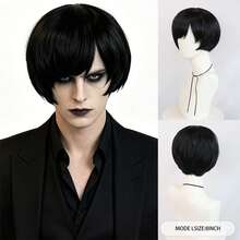 中性哥德風 Emo 黑色化纖假髮，短波波頭與分層長直髮，龐克搖滾 Cosplay 日常派對造型假髮，適合男女使用，適用於節日、展演、演唱會主題活動舞台道具、萬聖節 - 黑色 - 查看 14