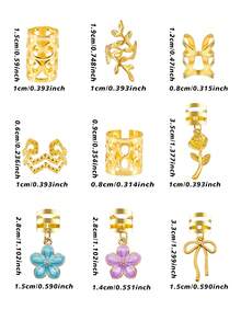 54pcs Flower Shaped Wavy Hair Rings With Colorful Camellia, Multi-Shape Adjustable Romantic Garden Style Women's Dreadlock Accessories,Hair Claws - Gold - View 8
