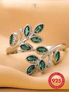 1pc Fresh Mori Style S925 Sterling Silver Marquise Green Zirconia Double Branch Intertwined Leaf Design Open Ring, Women's Workplace Commute Date Daily Gift Ring, Leaf Design With Natural Freshness, Green Zirconia Accents For Elegant And Delicate Look, Niche Artistic Souvenir - Silver - View 4