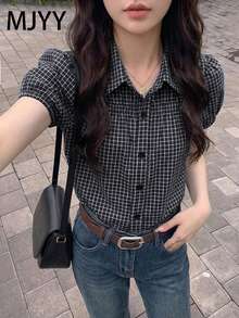 2025新款日系風格女款藍色格紋泡泡袖寬鬆休閒上衣 夏季黑色 - 黑色 - 查看 1