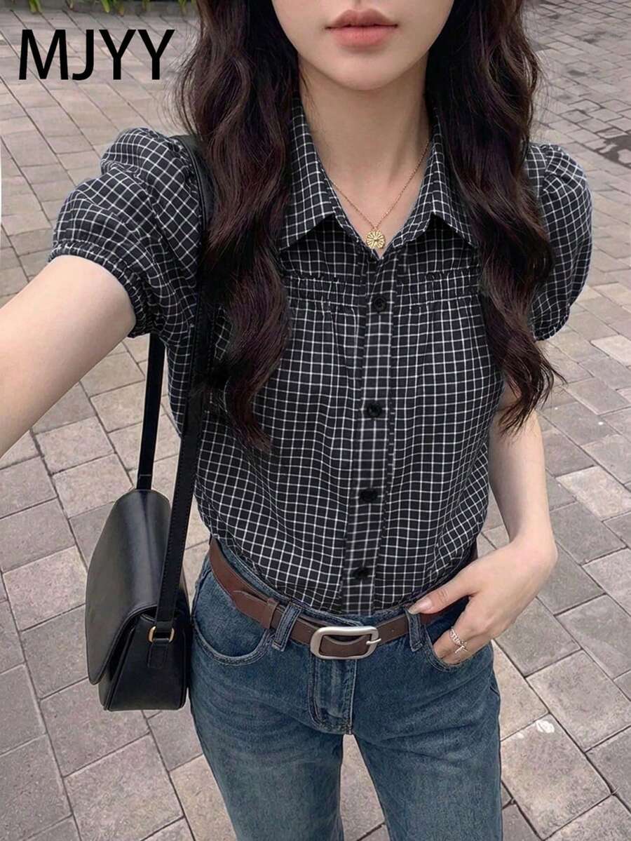 2025新款日系風格女款藍色格紋泡泡袖寬鬆休閒上衣 夏季黑色 - 黑色 - 查看 1