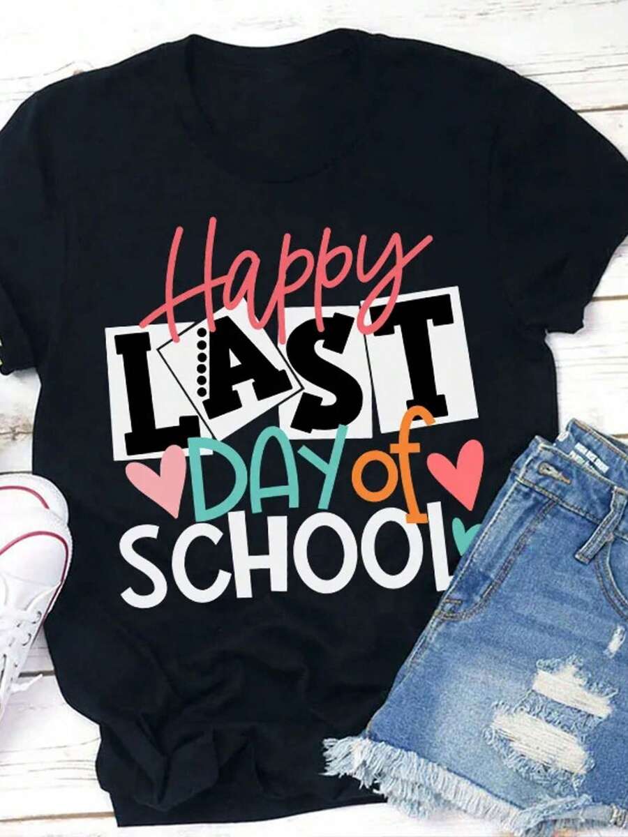 Camiseta de profesor "Feliz Último Día", informal, de cuello redondo y manga corta. - Negro - Ver 1