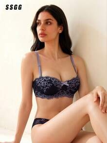 Lingerie sexy violette pour femmes, soutien-gorge dos nu confortable avec armatures, soutien-gorge push-up en dentelle fine avec maintien latéral, design dos nu, petit effet liftant de la poitrine et maintien latéral, anti-affaissement, style sexy, rehaussant la poitrine - Prune - Voir 2