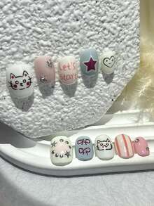 10pcs Star Burst Color Block Cute Style Press-On Nail Tips Handmade Doodle Cat Bow Short Fake Nails Nail Art Supplies (1pc Jelly Sticker + 1pc Nail File) - Multicolor - View 2
