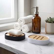 1pc Wooden Soap Dish With Drainage Function, Suitable For Shower, Bathroom, Sink, Kitchen And Countertop, Pebble White - Multicolor - View 5