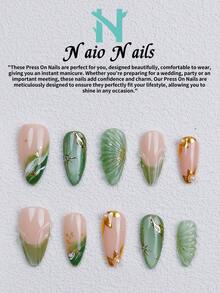 NAIO 10片/組手工壓接式美甲貼片，3種尺寸：棺材形/杏仁形/短方形，Y2K優雅風格，裸粉色、綠金法式邊緣、綠色貓眼貝殼紋理設計、金箔星芒裝飾，女款女孩適用，派對日常佩戴，含工具組，禮品美甲用品 - 彩色 - 查看 18