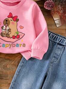 Young Girl Cartoon Print Crew Neck Long Sleeve Warm Sweatshirt And Denim Jeans - Pink - View 4