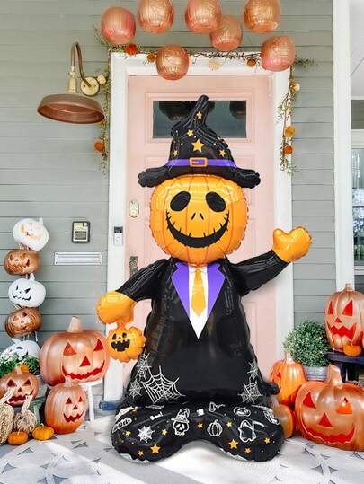 1pc Giant Standing Pumpkin Man Decoration Balloon, Standing Pumpkin Man Foil Decoration Balloon, New Halloween Decoration Product, Suitable For Halloween, Haunted House, Pumpkin Party, Home Decor Halloween, Halloween Birthday Party