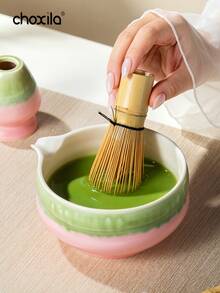 choxila 1Set/2Pcs Pink & Green Gradient Ceramic Matcha Bowl Set With Whisk Holder, Japanese Chawan With Spout For Matcha Tea Ceremony - Matcha Two-piece Set - View 5