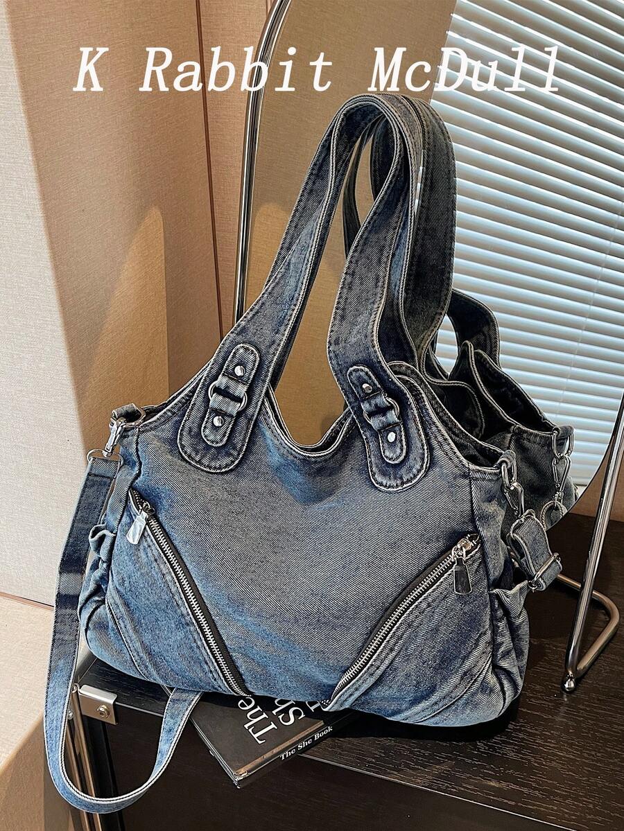 新款休閒時尚水洗牛仔大容量托特包，女款復古百搭通勤單肩斜背包，適合通勤與購物