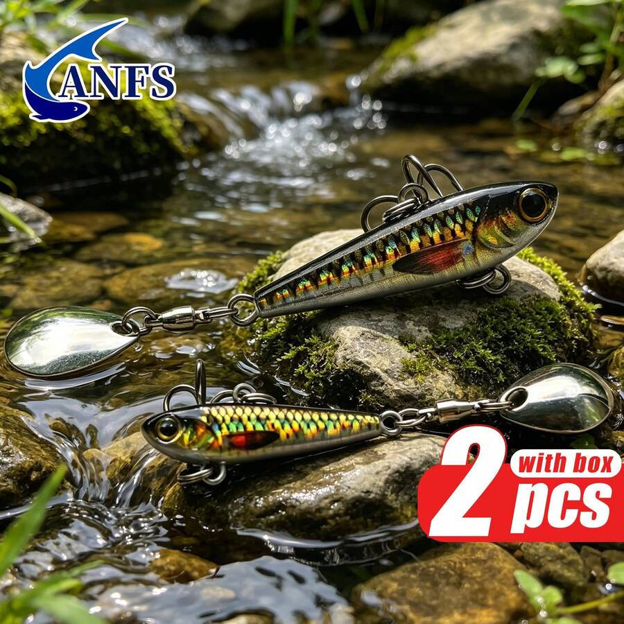 ANFS 2pcs VIB Fishing Lures With Tackle Box, Metal Rotating Shiny Fish Bait, Suitable For Bass And Trout