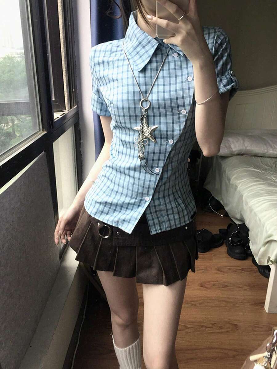 Korean Style Blue Plaid Shirt Blouse, Summer New Design Unique Niche Elegant Quality Top - Blue - View 1