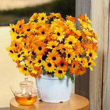 40pcs = 4 Bunches Sunflower Daisy Dual-Color Artificial Flowers, Indoor/Outdoor UV-Resistant Realistic Plastic Fake Flowers, Suitable For Wedding Balcony Patio Porch Garden Office Room Yard Decoration, Thanksgiving Autumn Decor - Yellow and Orange Bicolor - View 2