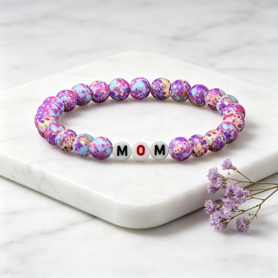1pc Elegant Bohemian Style Women's Bracelet With MOM Letter Elastic Design, Ideal Birthday/Christmas Gift, Fashionable Casual Daily Wear - Bracelet - View 1