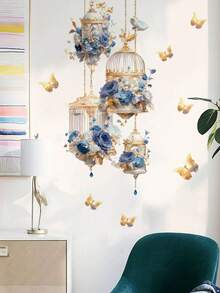 1pc Golden Birdcage, Klein Blue Rose, Floral & Butterfly Wall Decor Sticker, Removable Wall Decal For Bedroom, Living Room And Room Decoration - 1PC - View 4