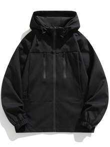 Men's Solid Color Hooded Jacket, Zipper Closure Functional Outerwear, With Zipper Decor Pockets, Plus Size Fit, Casual Long Sleeve Everyday Coat - Black - View 2