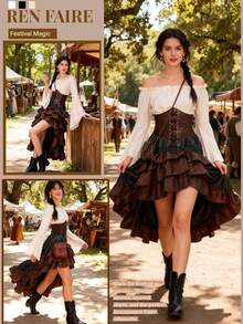 Christmas Artistic Asymmetric High-Low Hem Medieval Pirate Queen Corset Pleated Long Dress Sailor Cosplay Costume Autumn - Apricot - View 5