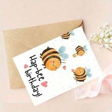 附信封生日卡 - "Hap-Bee Birthday" 生日卡，印有蜜蜂與愛心字樣，生日卡禮品卡，內部空白 - A - 查看 10
