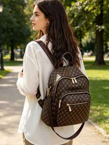 Large Capacity Backpack For Women, Classic Solid Color Handbag For Ladies - Brown - View 5
