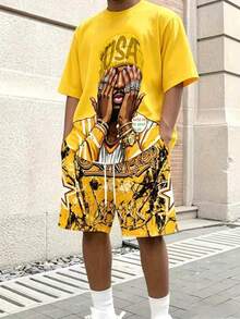 Men's Casual Round Neck Short Sleeve Shorts 2 Pieces Set - Multicolor - View 4