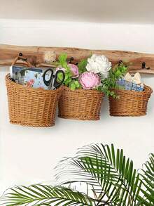 Plastic Woven Basket Kitchen Ginger Garlic Storage Basket Vintage Wall-Mounted Kitchen Utensil Storage Basket Handheld Decorative Small Flower Basket Mini Woven Basket Fruit Vegetable Basket Home Organization Storage Kitchen Utensils - Brown - View 9