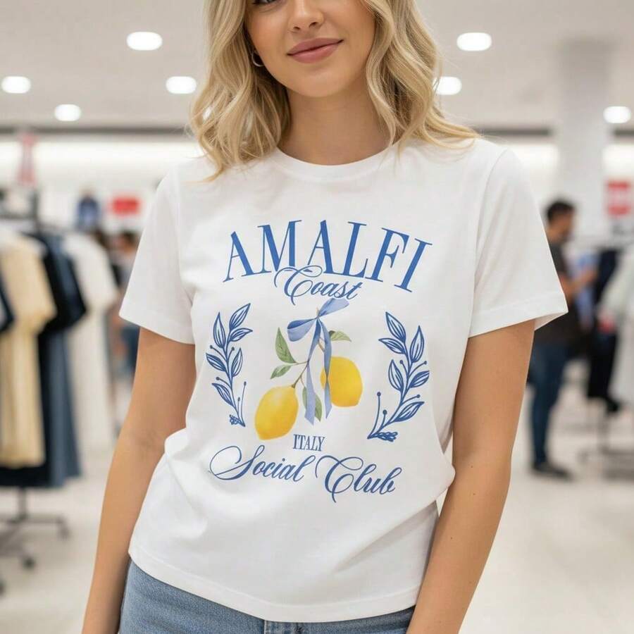 Stylish Everyday Outfits: Women's Amalfi Lemon Print Cotton T-Shirt, Short Sleeve, Round Neck, Casual Summer T-Shirt, Various Sizes, Soft Cotton - 白色 - 查看 1