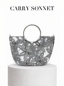 CARRY SONNET - Damen Handtasche mit besticktem Blumenmuster und Ringgriff, strukturierte Halbmond-Tasche für Party und Anlässe - Silber - Übersicht 6