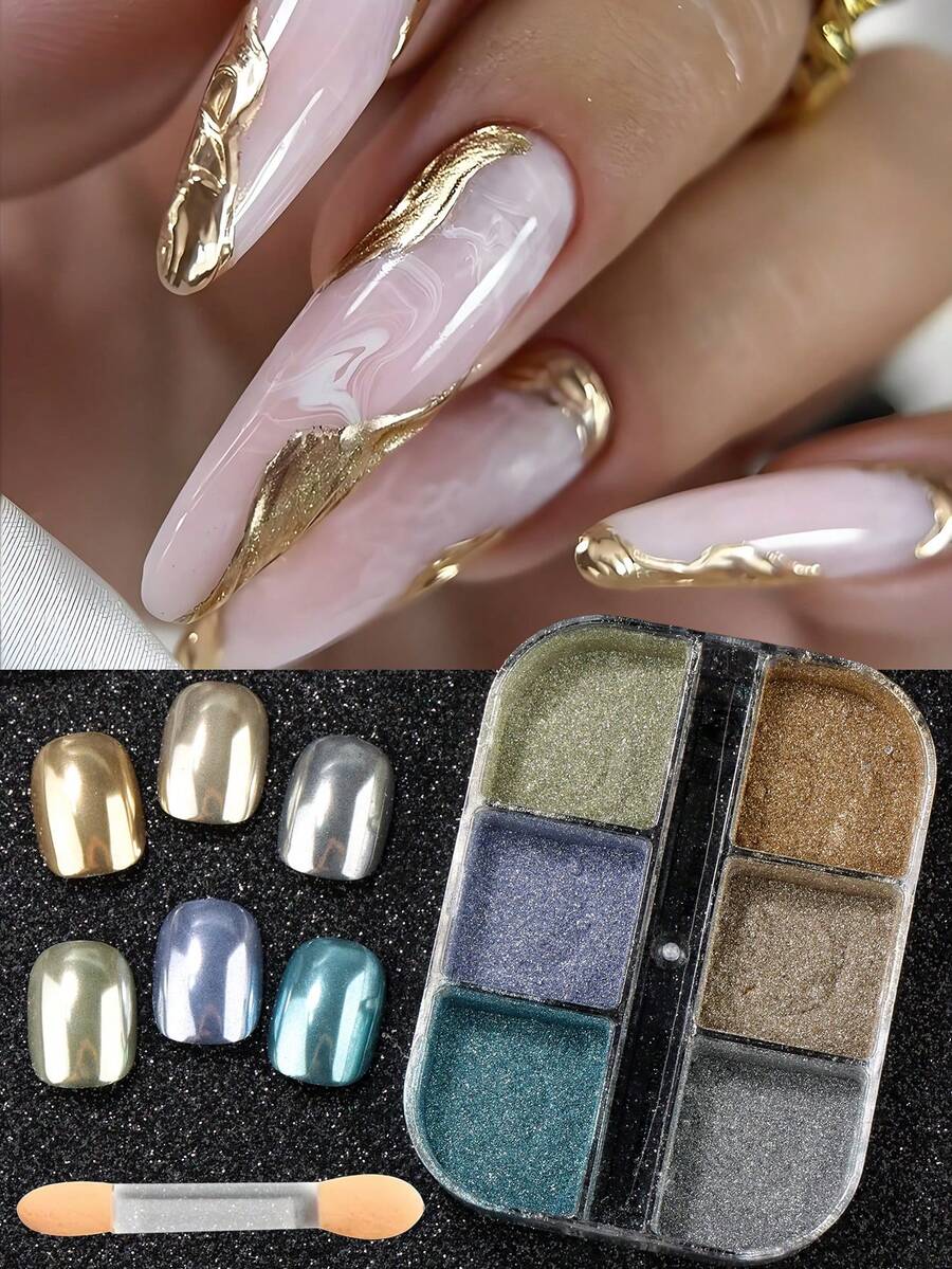 FULL BEAUTY 6-Fach Metallisches Nagelpulver mit Pinsel, Blau-Grün, Grün, Gold, Champagner Spiegel Nagelpigment, Metallischer Effekt Holografischer Glitzer Nagelbedarf, Geeignet für minimalistische und Vintage Nagelkunst, Halloween/Hochzeit/Feiertags Nageldekoration - Verschiedenfarbig - Übersicht 1