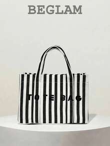 Fashionable Large Capacity Striped Tote Bag, Letter Decoration, Suitable For Women Shopping, Commuting And Daily Use - Black - View 1