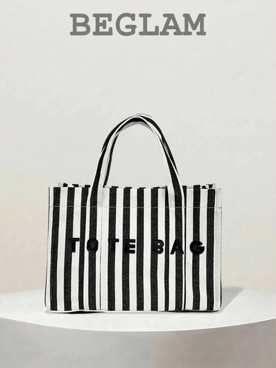 Fashionable Large Capacity Striped Tote Bag, Letter Decoration, Suitable For Women Shopping, Commuting And Daily Use - Black - View 1