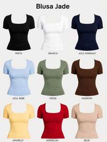 Blusa Blusinha  Tshirt Baby Look Feminina Básica com Decote Quadrado com Manga Curta Moda Casual Versátil Blogueira Elegante  Simples - Marrom - Visão 4
